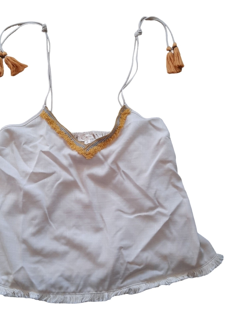 Hem & Thread White Camisole with Yellow Tassel Trim
